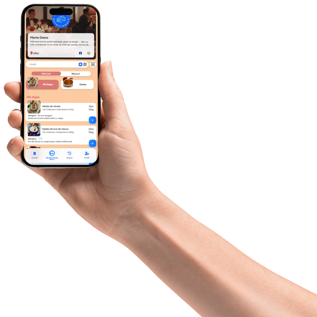 Nutri-Scheme digital menu on iPhone — showing nutritional values, allergens and QR code